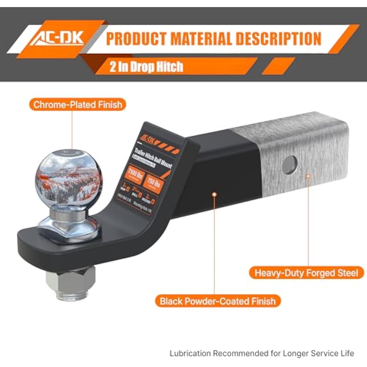AC-DK Trailer Hitch Mount with 2-5/16-Inch Ball & Pin, Fits 2-Inch Receiver,2 inch Drop Hitch,7,500 lbs Capacity Ball Hitch, 750lbs TW