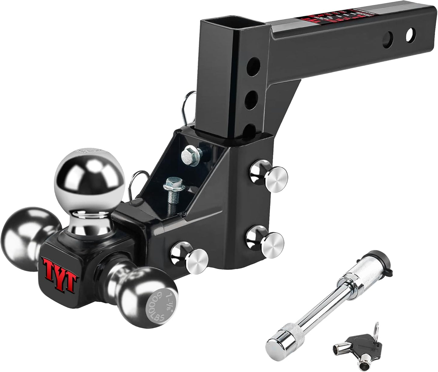 TYT Adjustable Trailer Hitch Ball Mount with Lock&Pin&Rotatable Tow Shackle, Fits 2-in Receiver, 2-in, 2-5/16-in Hitch Ball
