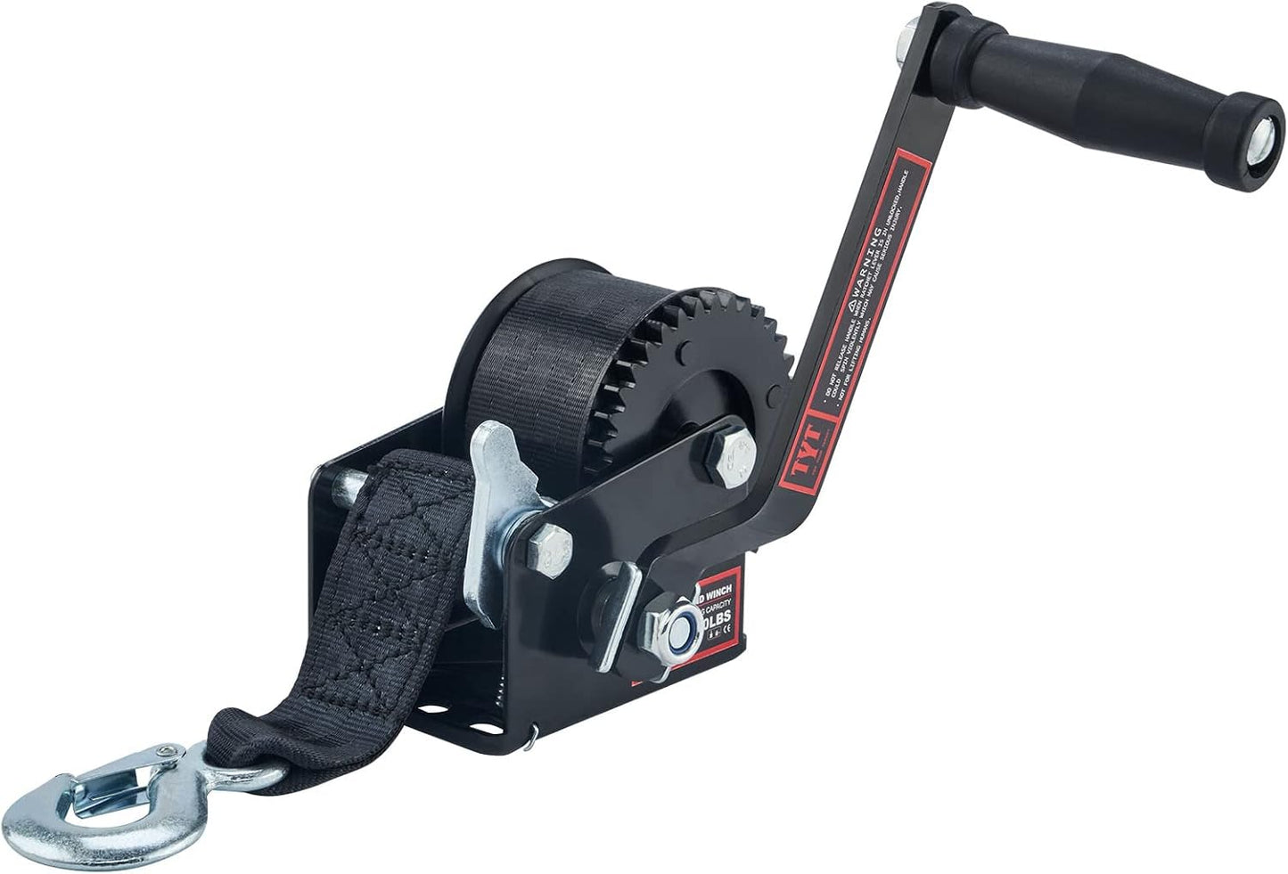 TYT 600LB Boat Trailer Winch with Red Nylon Strap, Anti-Slip Handle Crank Gear Hand Winch, Portable Two-Way Ratchet Forward & Backward Manual Rope Ratio 3.2:1 Winch for ATV Jet Ski Trailer Small Winch