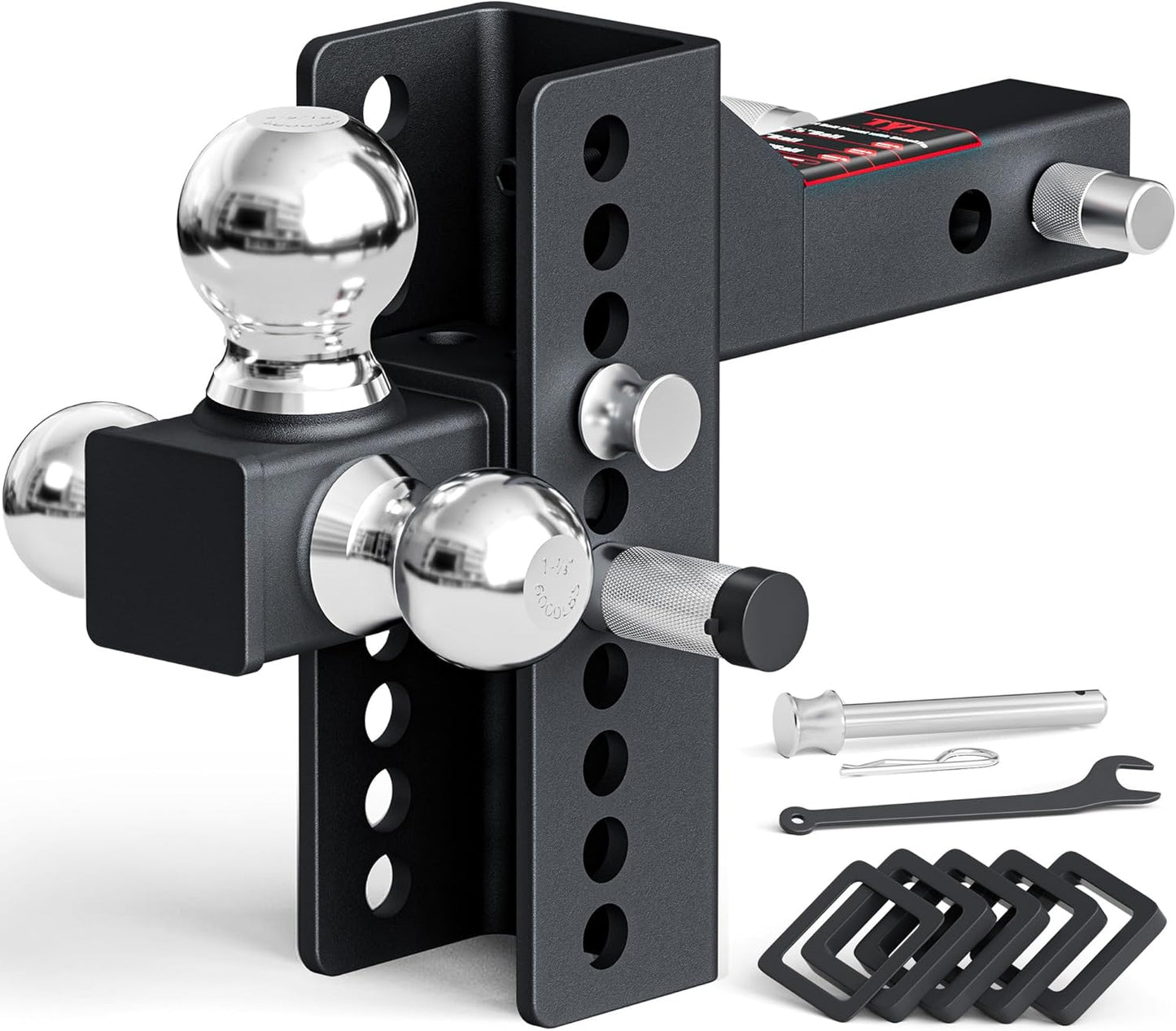 TYT Adjustable Heavy-Duty Trailer Hitch Tri-Ball Mount with Locks&Pin&Rotatable Tow Shackle, Fits 2-in Receiver, 4-1/2" Rise/Drop, 1-7/8" & 2" &2-5/16" Ball, 10000LBS GTW