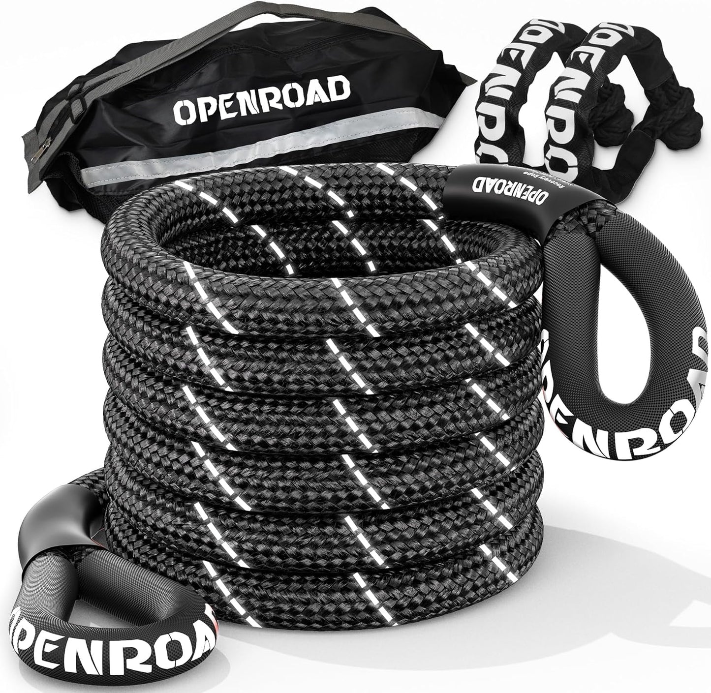 OPENROAD Kinetic Recovery Tow Rope, 36000 Lbs (1in x 30ft Orange with Soft Shackle) Extreme Duty 35% Elasticity Energy Offroad Snatch Strap, Vehicle Recovery Kit for Jeep Car Truck ATV UTV SUV