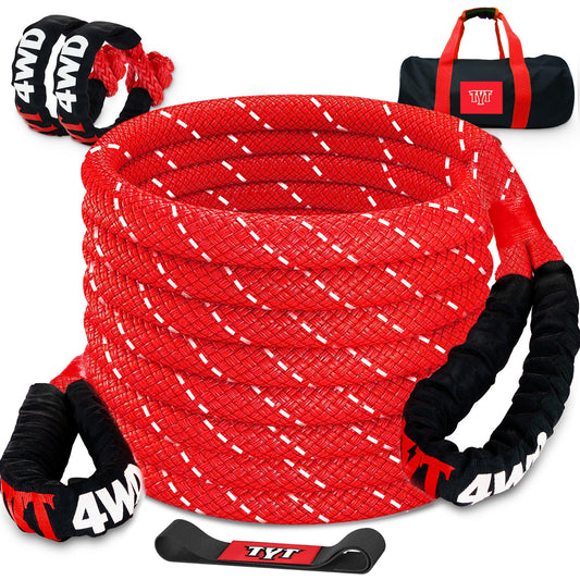Red TYT kinetic recovery rope kit with soft shackles and carrying bag
