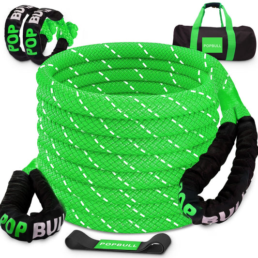 Green POPBULL kinetic recovery rope kit with two soft shackles and carrying bag