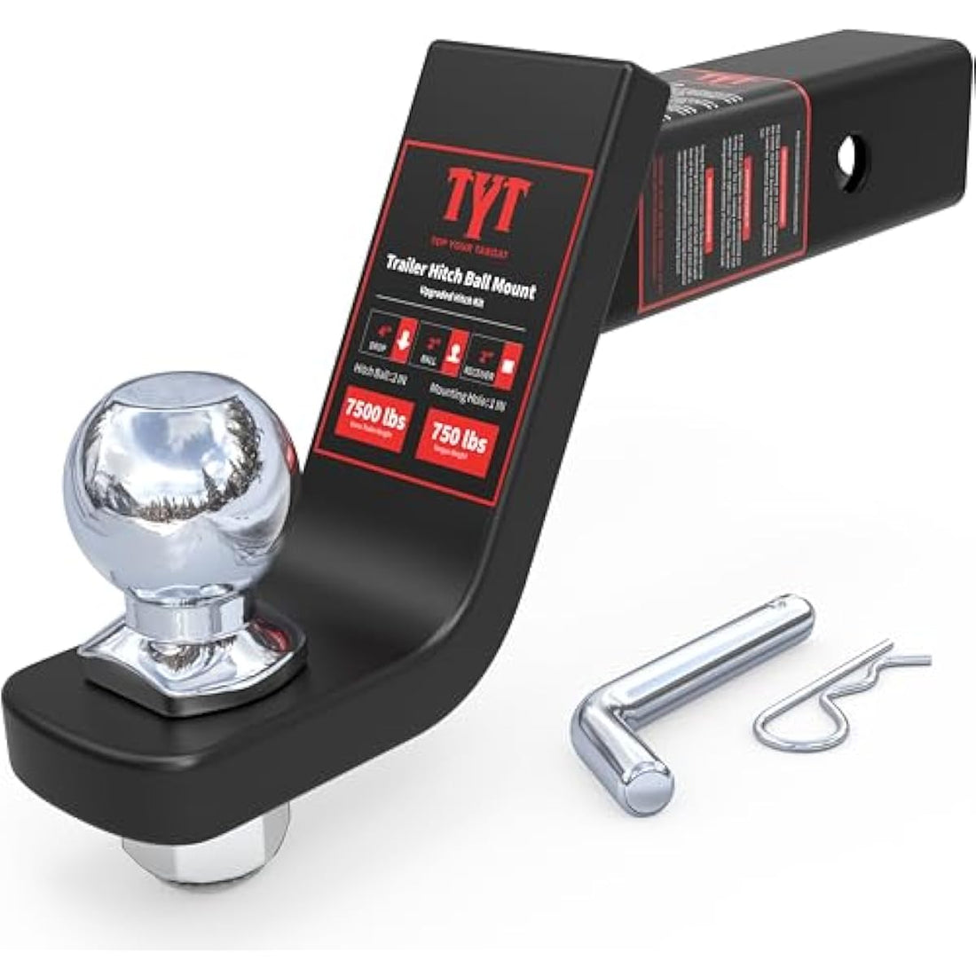 Black TYT trailer ball mount with chrome hitch ball, hitch pin and retaining clip