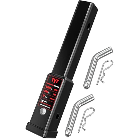 Black TYT trailer hitch extension showing the square receiver opening, with hitch pins and clips
