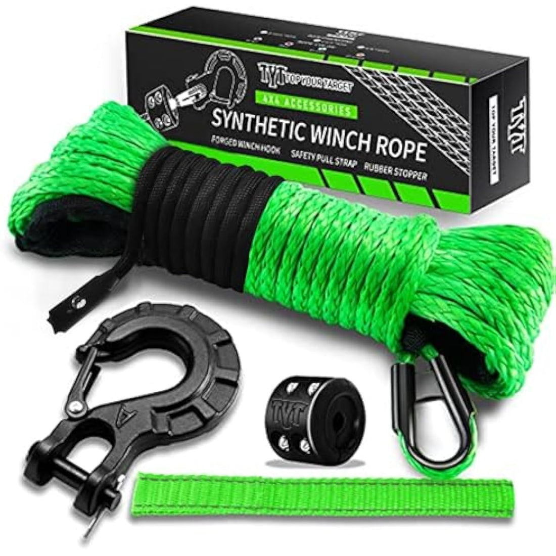Green TYT synthetic winch rope kit with hook, protective sleeve, pull strap and rubber stopper