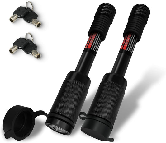 Two black TYT trailer hitch pin locks with keys and protective keyhole caps