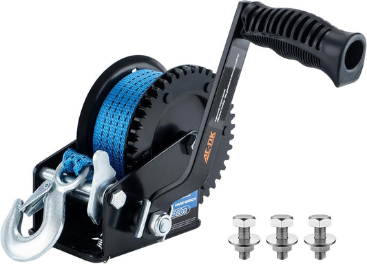 AC-DK boat trailer hand winch with blue strap, hook, crank handle and mounting hardware