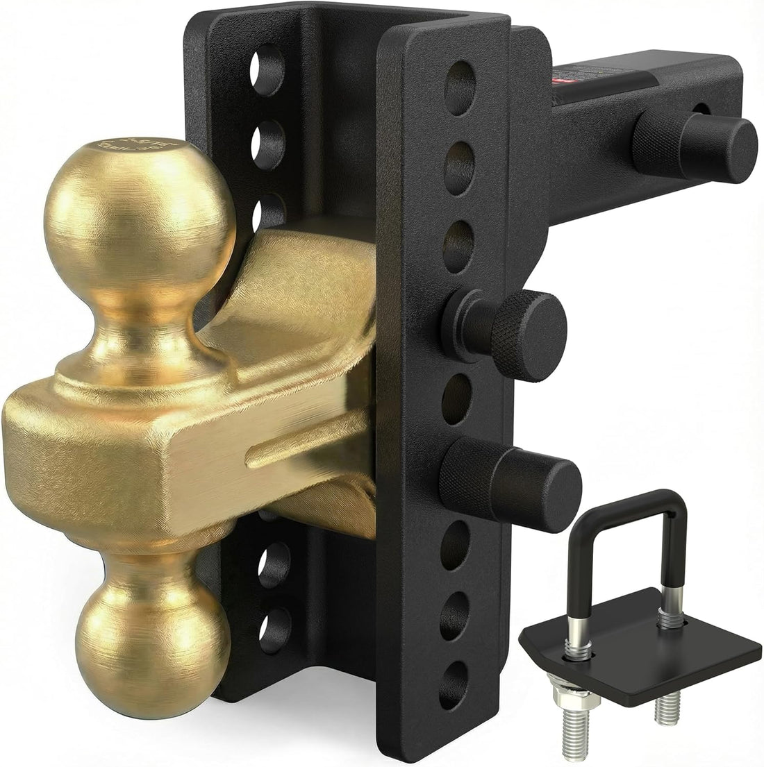 Black TYT adjustable trailer ball mount with gold-colored dual balls, pins and lock