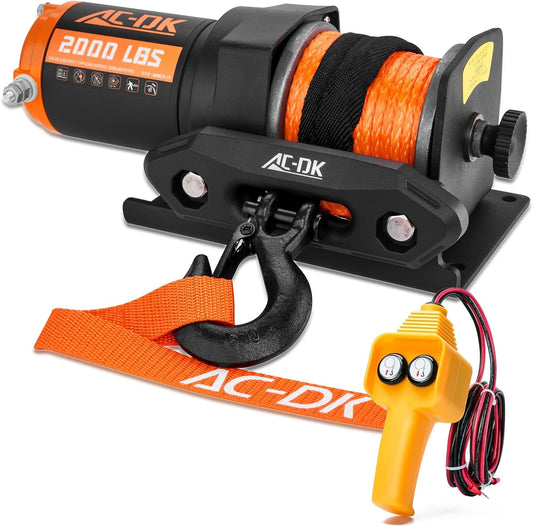 AC-DK ATV/UTV electric winch with synthetic rope, orange pull strap and yellow wired remote