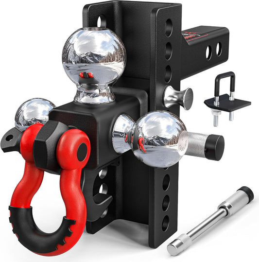 TYT adjustable tri-ball trailer hitch with three chrome balls, red shackle and hitch pins
