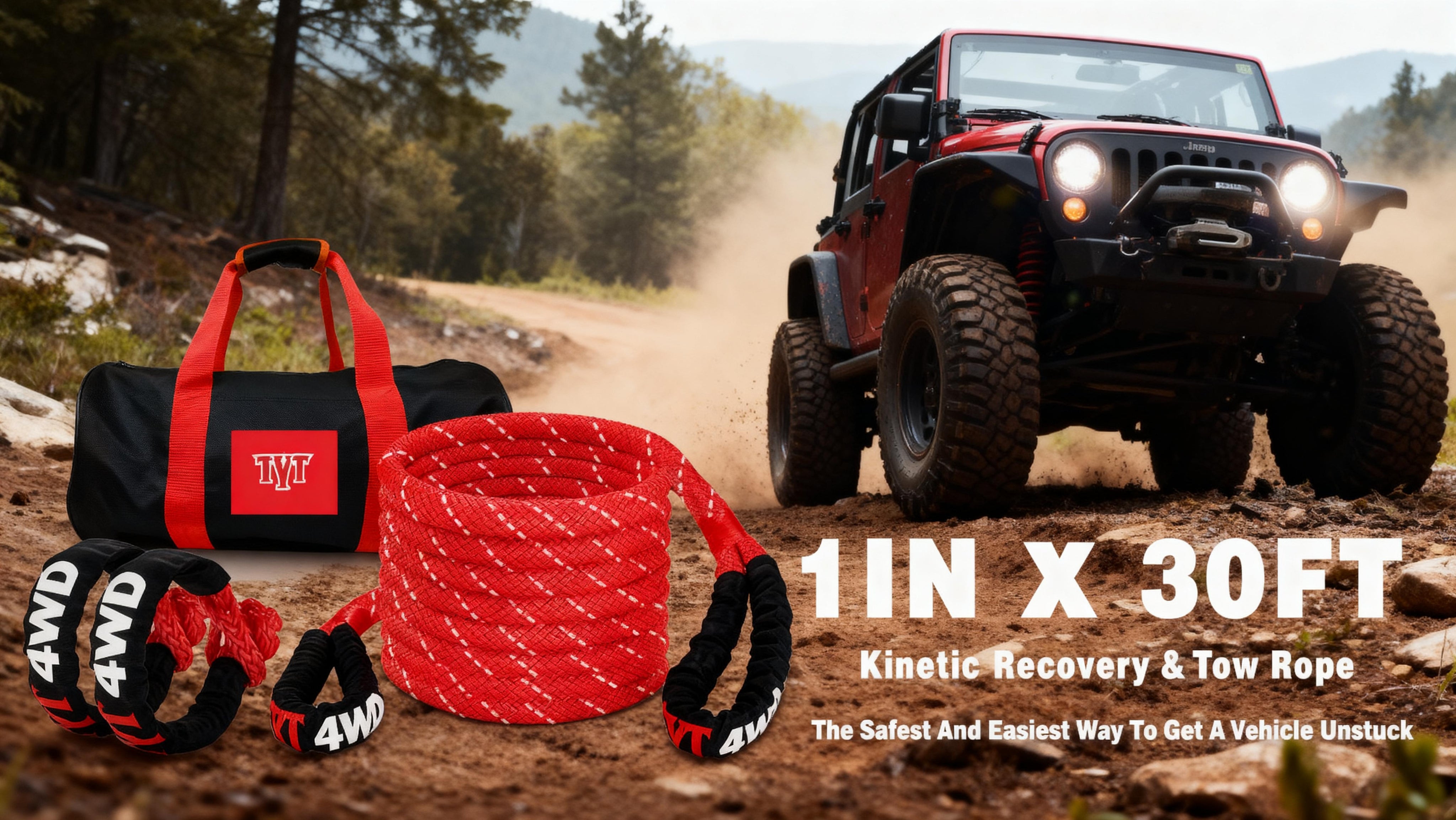 TYT Kinetic Recovery Rope,(1in x 30ft Red) 48000lbs Snatch Strap, Heavy Duty Stretch Nylon Towing Ropes with 2pcs Soft Shackles for Offroad Vehicle, Jeep, SUV, ATV, UTV, Tractor Elastic Ropes Kit