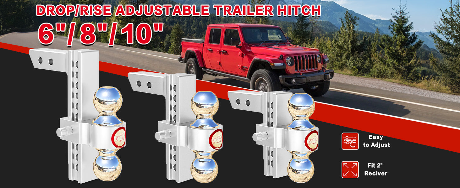 Adjustable Trailer Hitch, Fits 2-Inch Receiver,  Heavy Duty Aluminum Drop Hitch,12,500 LBS GTW-Tow Hitch for Truck Jeep Trailer with Double Stainless Steel Locks, Not Loose