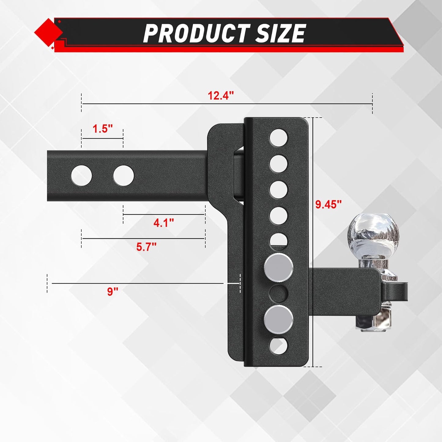 TYT Adjustable Trailer Hitch for 2" Receiver, 6" Drop/Rise, 2" Tow Ball, 7,500 lbs GTW / 750 lbs TW, Includes Two Pins and One Anti-Theft Pin Lock