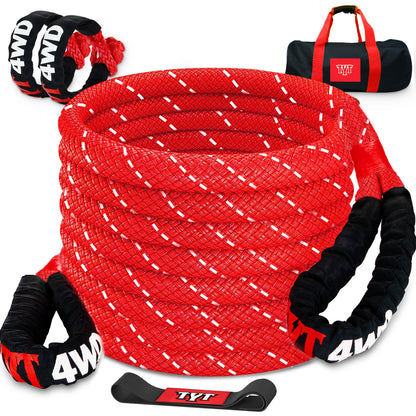 TYT Kinetic Recovery Rope,(1in x 30ft Red) 48000lbs Snatch Strap, Heavy Duty Stretch Nylon Towing Ropes with 2pcs Soft Shackles for Offroad Vehicle, Jeep, SUV, ATV, UTV, Tractor Elastic Ropes Kit