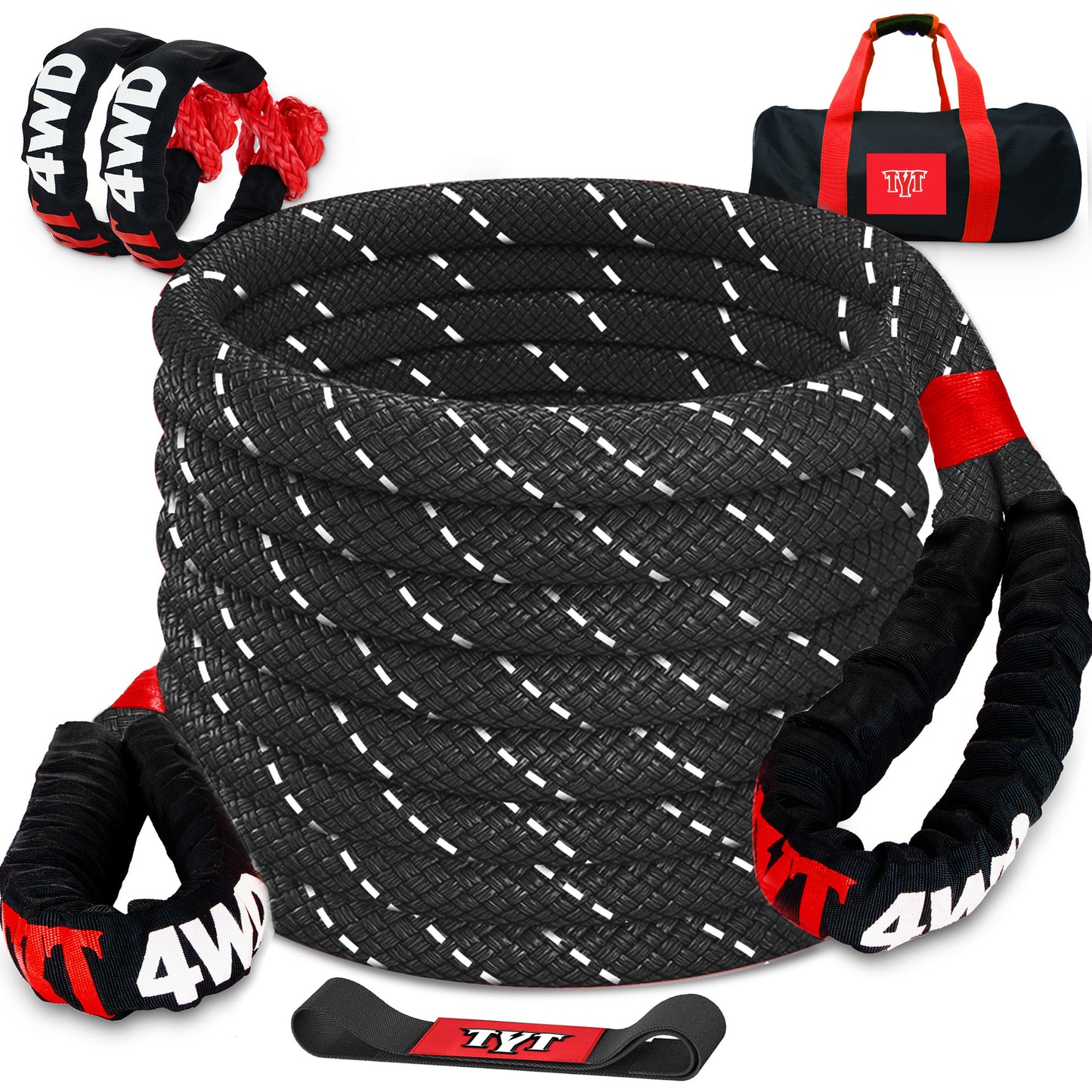 TYT Kinetic Recovery Rope,(1in x 30ft Red) 48000lbs Snatch Strap, Heavy Duty Stretch Nylon Towing Ropes with 2pcs Soft Shackles for Offroad Vehicle, Jeep, SUV, ATV, UTV, Tractor Elastic Ropes Kit