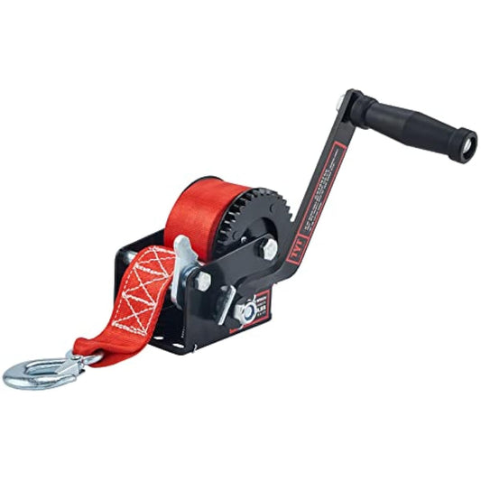 TYT 600LB Boat Trailer Winch with Red Nylon Strap, Anti-Slip Handle Crank Gear Hand Winch, Portable Two-Way Ratchet Forward & Backward Manual Rope Ratio 3.2:1 Winch for ATV Jet Ski Trailer Small Winch