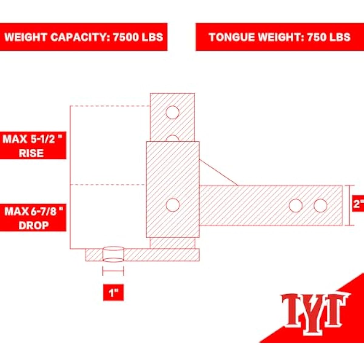 TYT Adjustable Trailer Hitch Ball Mount with 2 Hitch Pins, 1-Inch Hole, Fits 2-Inch Receiver, 5-1/2" Rise & 6-7/8" Drop Tow Hitch, 4-Position Adjustable Hitch, 7500 lbs