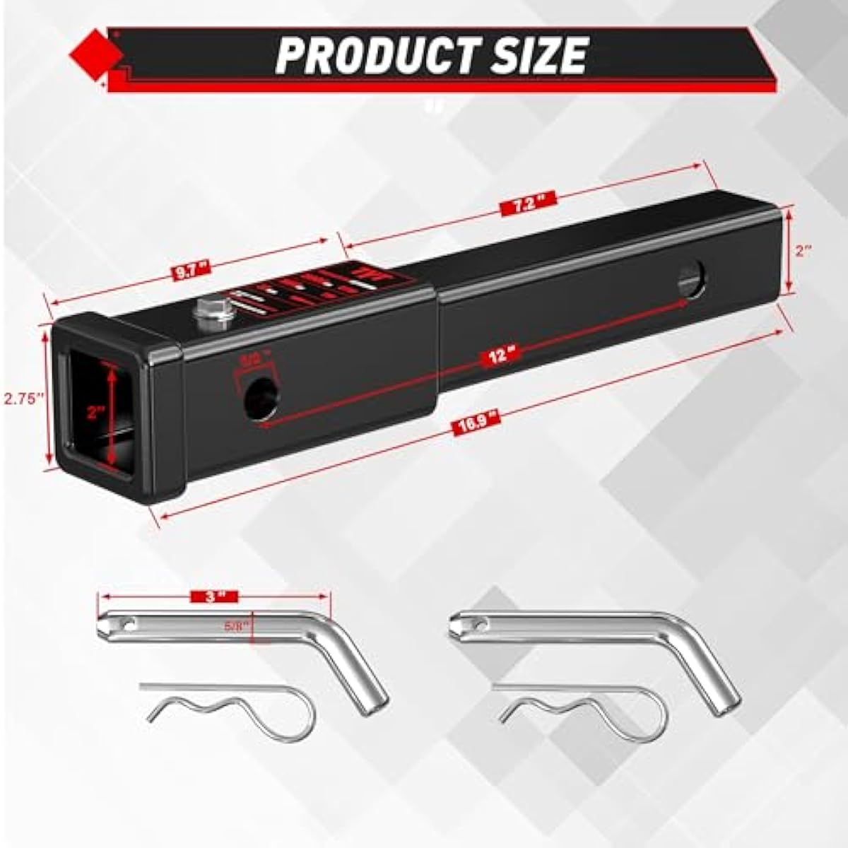 TYT 12" Trailer Hitch Extension for 2 inch Receiver Tube Extender，Includes 2 Sets of 5/8" Premium Hitch Pin, 5000 lbs GTW / 500 lbs TW