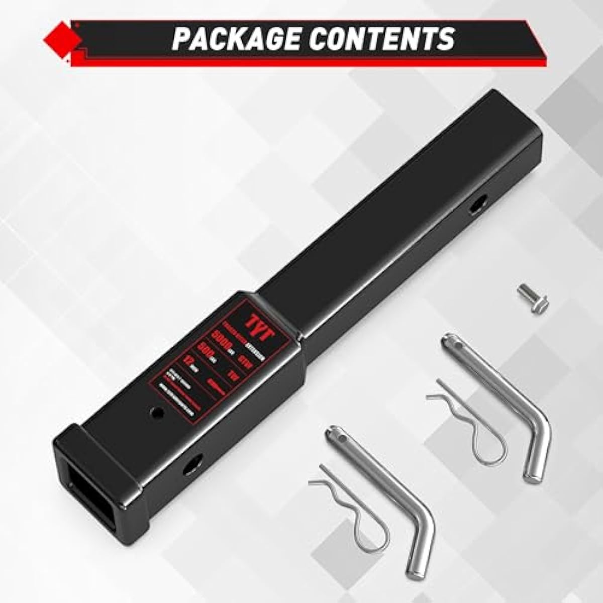 TYT 12" Trailer Hitch Extension for 2 inch Receiver Tube Extender，Includes 2 Sets of 5/8" Premium Hitch Pin, 5000 lbs GTW / 500 lbs TW