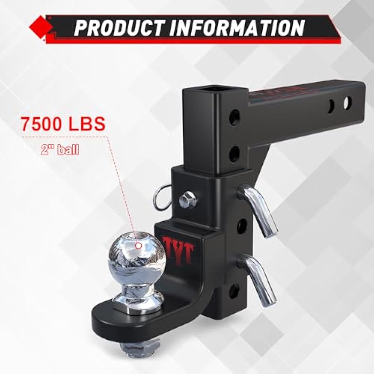 TYT Adjustable Trailer Hitch Ball Mount, 2" Towing Ball 7500 LBS, 9-1/2" Drop and 8-1/4" Rise, Fits 2-in Receiver with 2 Pin&Clips and 5/8" Premium Pin Lock for Heavy Duty Truck