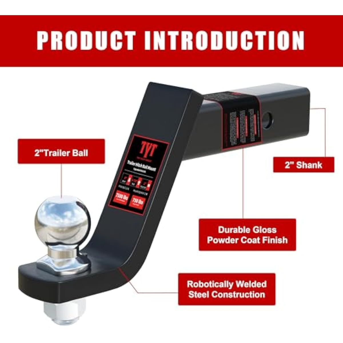 TYT Trailer Hitch Ball Mount Kit, 4-Inch Drop, Fits 2-Inch Receiver, 2-Inch Trailer Ball with 5/8" Hitch Pin Clip, Rated 7,500 lbs GTW / 750 lbs TW