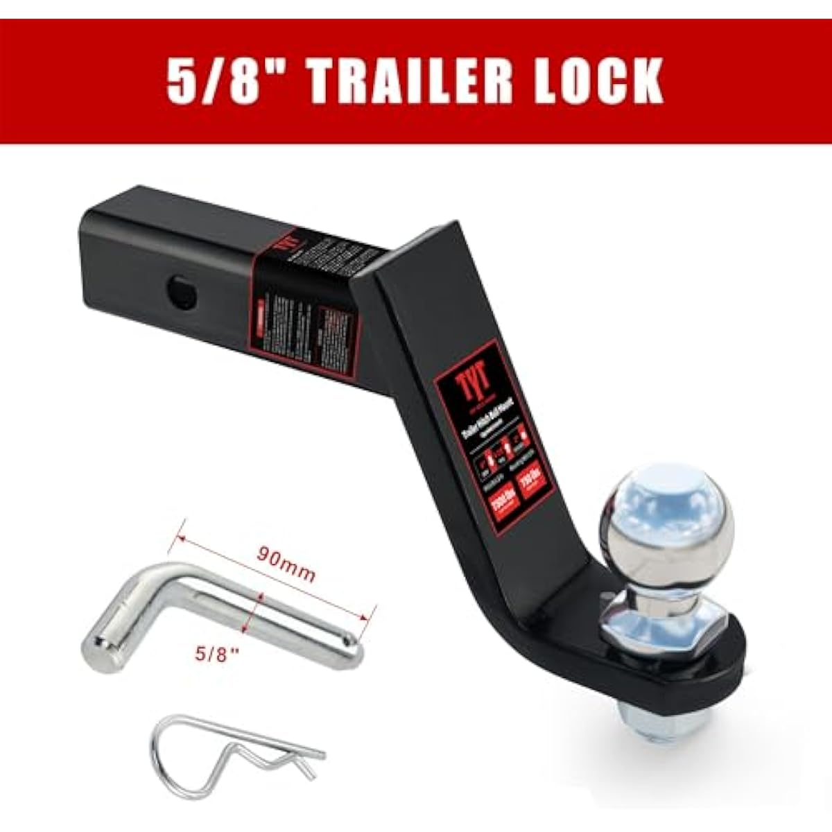 TYT Trailer Hitch Ball Mount Kit, 4-Inch Drop, Fits 2-Inch Receiver, 2-Inch Trailer Ball with 5/8" Hitch Pin Clip, Rated 7,500 lbs GTW / 750 lbs TW