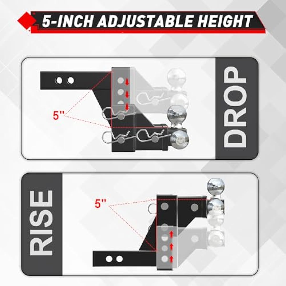 TYT Adjustable Tri-Ball Trailer Hitch for 2 inch Receiver, 5" Drop/Rise, Triple Balls (1-7/8", 2", 2-5/16"), 10,000 lbs GTW, 1,000 lbs TW, Includes Hitch Pin Lock & Tri Pins
