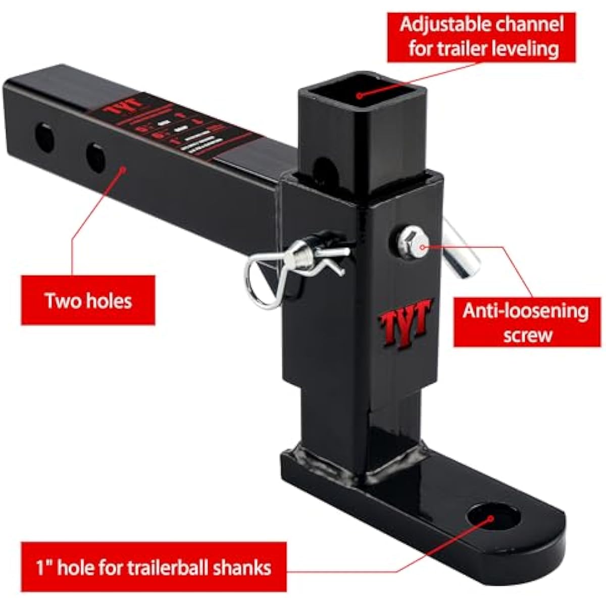TYT Adjustable Trailer Hitch Ball Mount with 2 Hitch Pins, 1-Inch Hole, Fits 2-Inch Receiver, 5-1/2" Rise & 6-7/8" Drop Tow Hitch, 4-Position Adjustable Hitch, 7500 lbs