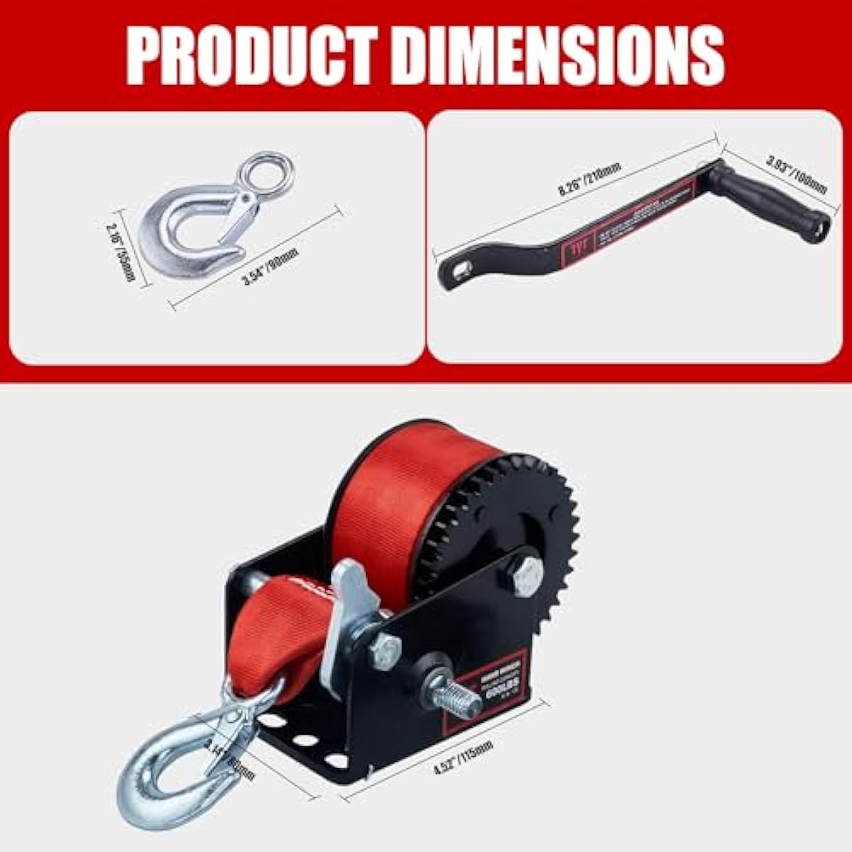 TYT 600LB Boat Trailer Winch with Red Nylon Strap, Anti-Slip Handle Crank Gear Hand Winch, Portable Two-Way Ratchet Forward & Backward Manual Rope Ratio 3.2:1 Winch for ATV Jet Ski Trailer Small Winch
