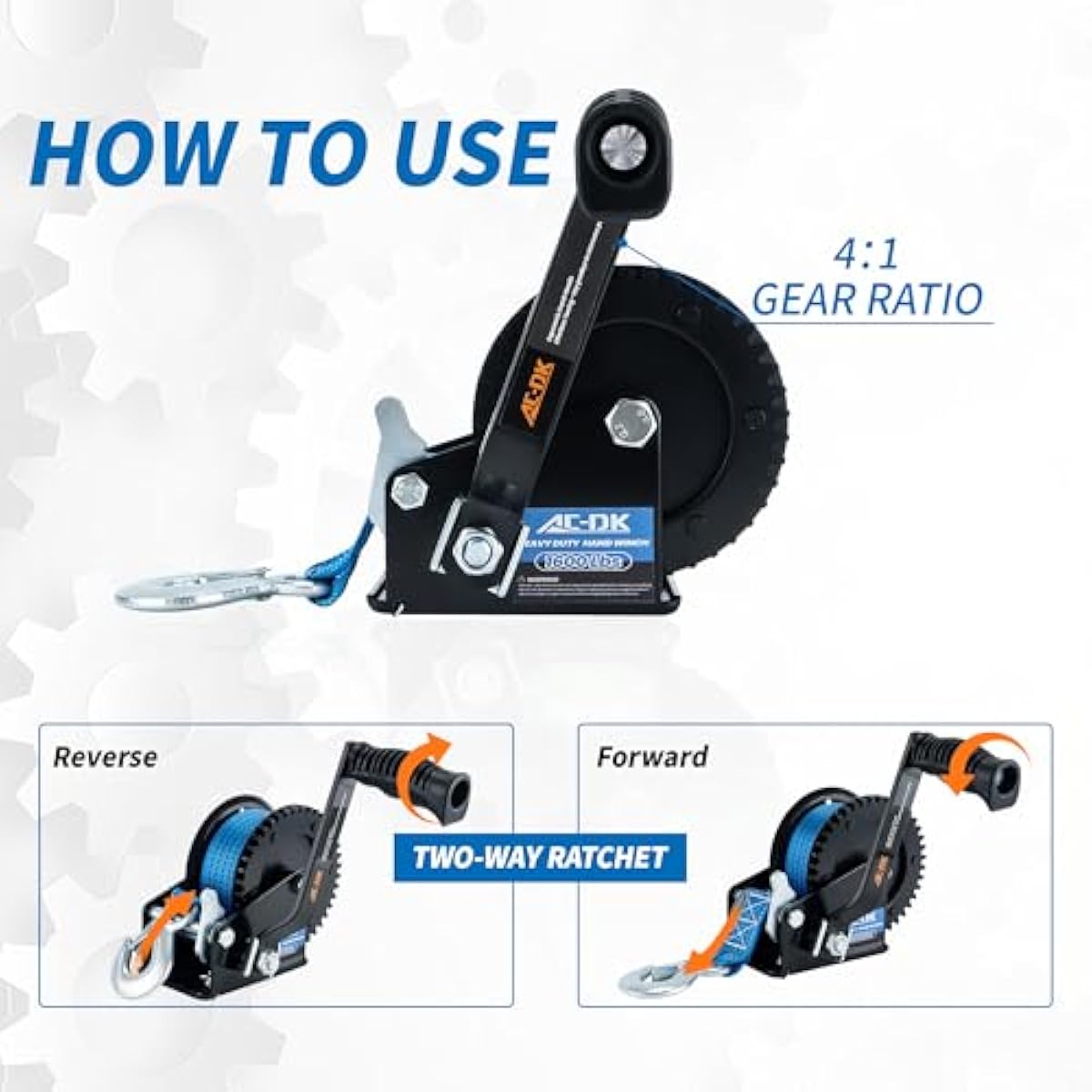 AC-DK 1600lbs Heavy Duty Boat Trailer Winch with 26FT Strap, 2-Way Ratchet & 4:1 Gear Trailer Winch, Portable Hand Crank Winch for Boat, Truck, Trailer, RV, ATV, Jet Ski