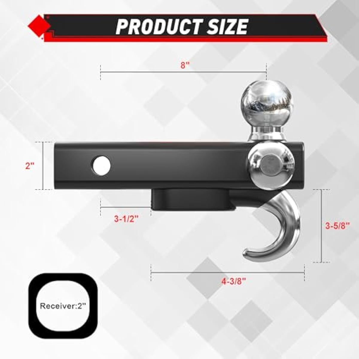 TYT Trailer Hitch Tri Ball Mount with Tow Hook,Fits 2 inch Receiver,1-7/8", 2", 2-5/16"Ball,10,000 lbs GTW,1,000 lbs TW,with Hitch pin