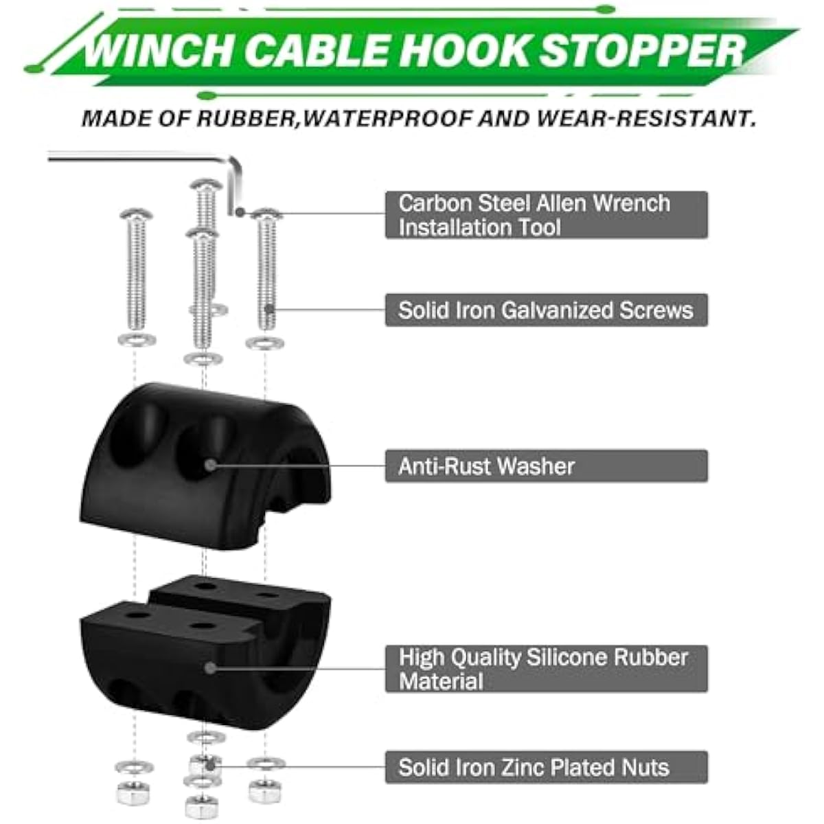 TYT Off-Road Winch Rope Kit ,Green Synthetic Cable with Protective Sheath, Heavy-Duty Hook, Safety Pull Strap & Rubber Stopper Ideal for 4WD ATV UTV Vehicles, (JPS31650G)