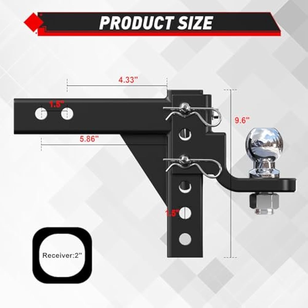 TYT Adjustable Trailer Hitch Ball Mount, 2" Towing Ball 7500 LBS, 9-1/2" Drop and 8-1/4" Rise, Fits 2-in Receiver with 2 Pin&Clips and 5/8" Premium Pin Lock for Heavy Duty Truck