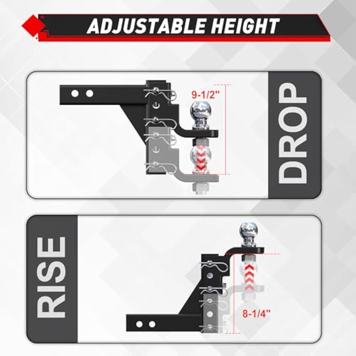 TYT Adjustable Trailer Hitch Ball Mount, 2" Towing Ball 7500 LBS, 9-1/2" Drop and 8-1/4" Rise, Fits 2-in Receiver with 2 Pin&Clips and 5/8" Premium Pin Lock for Heavy Duty Truck