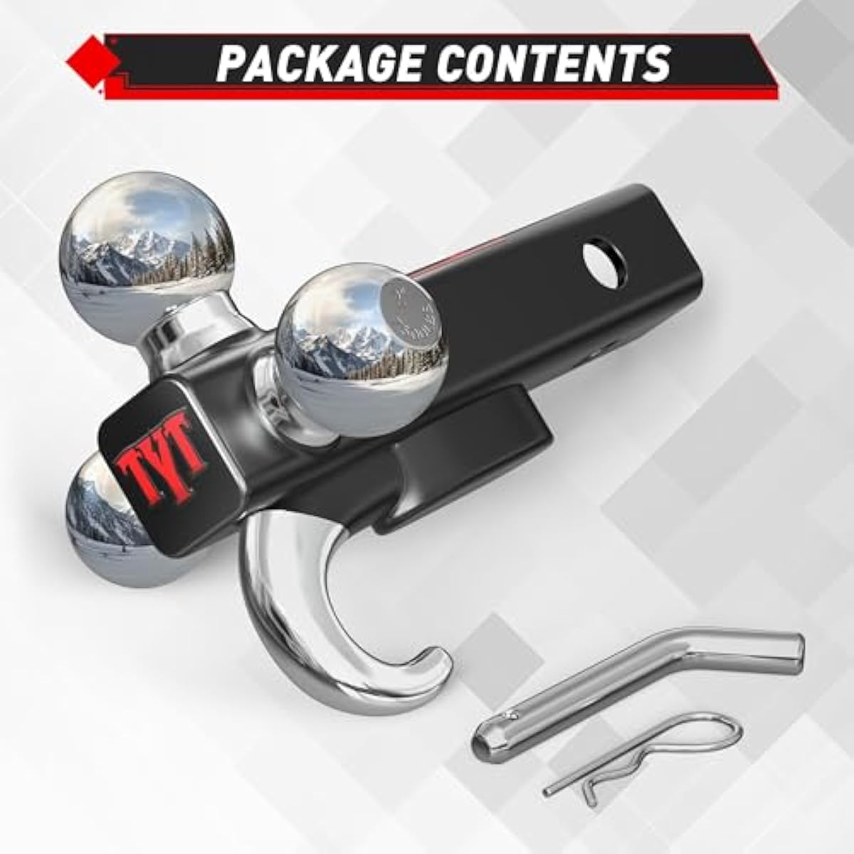 TYT Trailer Hitch Tri Ball Mount with Tow Hook,Fits 2 inch Receiver,1-7/8", 2", 2-5/16"Ball,10,000 lbs GTW,1,000 lbs TW,with Hitch pin