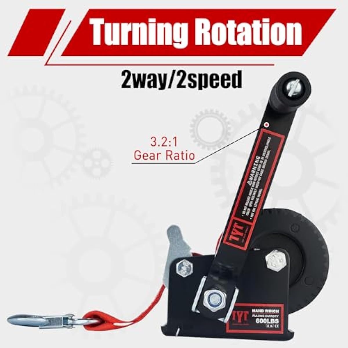 TYT 600LB Boat Trailer Winch with Red Nylon Strap, Anti-Slip Handle Crank Gear Hand Winch, Portable Two-Way Ratchet Forward & Backward Manual Rope Ratio 3.2:1 Winch for ATV Jet Ski Trailer Small Winch