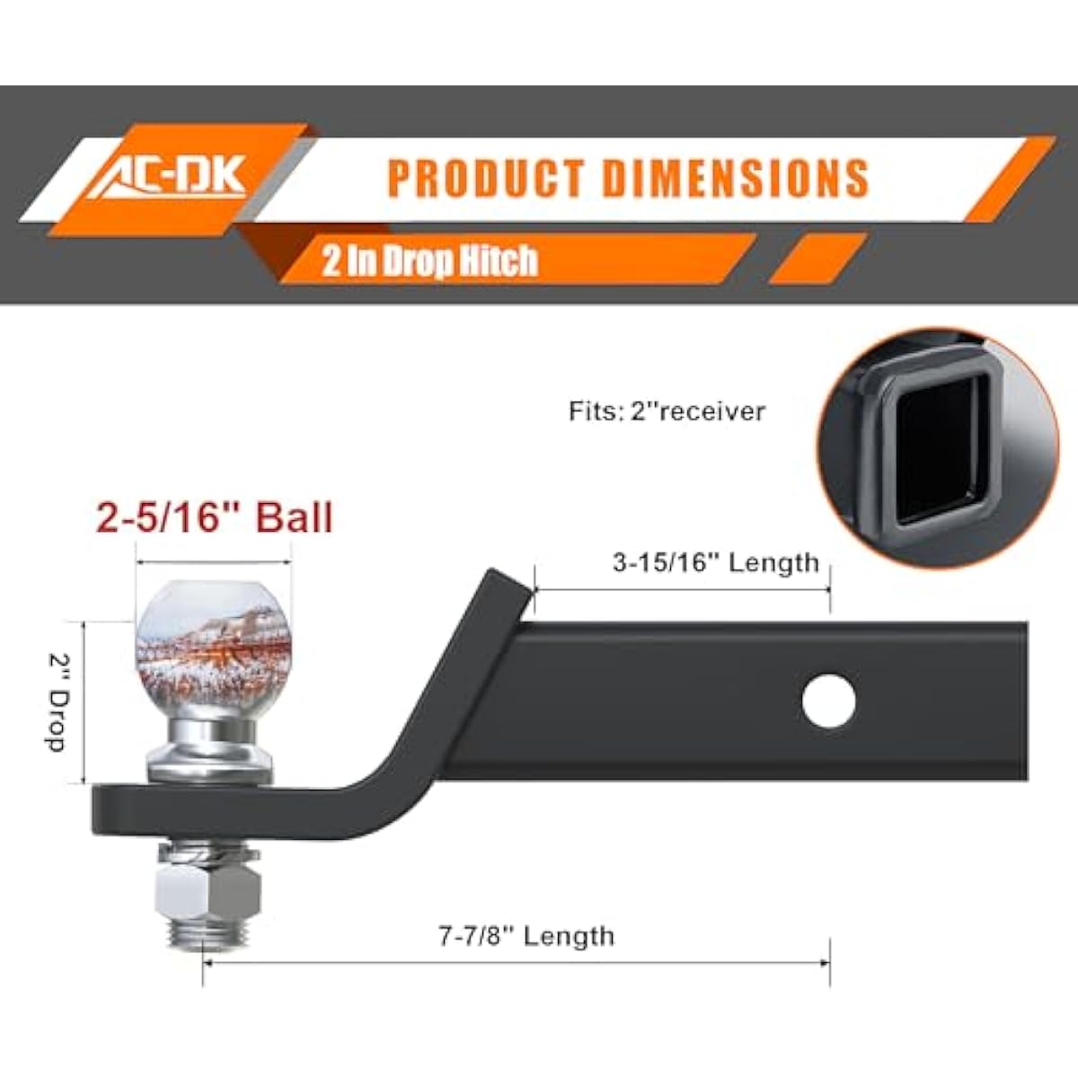 AC-DK Trailer Hitch Mount with 2-5/16-Inch Ball & Pin, Fits 2-Inch Receiver,2 inch Drop Hitch,7,500 lbs Capacity Ball Hitch, 750lbs TW