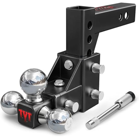 TYT Adjustable Tri-Ball Trailer Hitch for 2 inch Receiver, 5" Drop/Rise, Triple Balls (1-7/8", 2", 2-5/16"), 10,000 lbs GTW, 1,000 lbs TW, Includes Hitch Pin Lock & Tri Pins