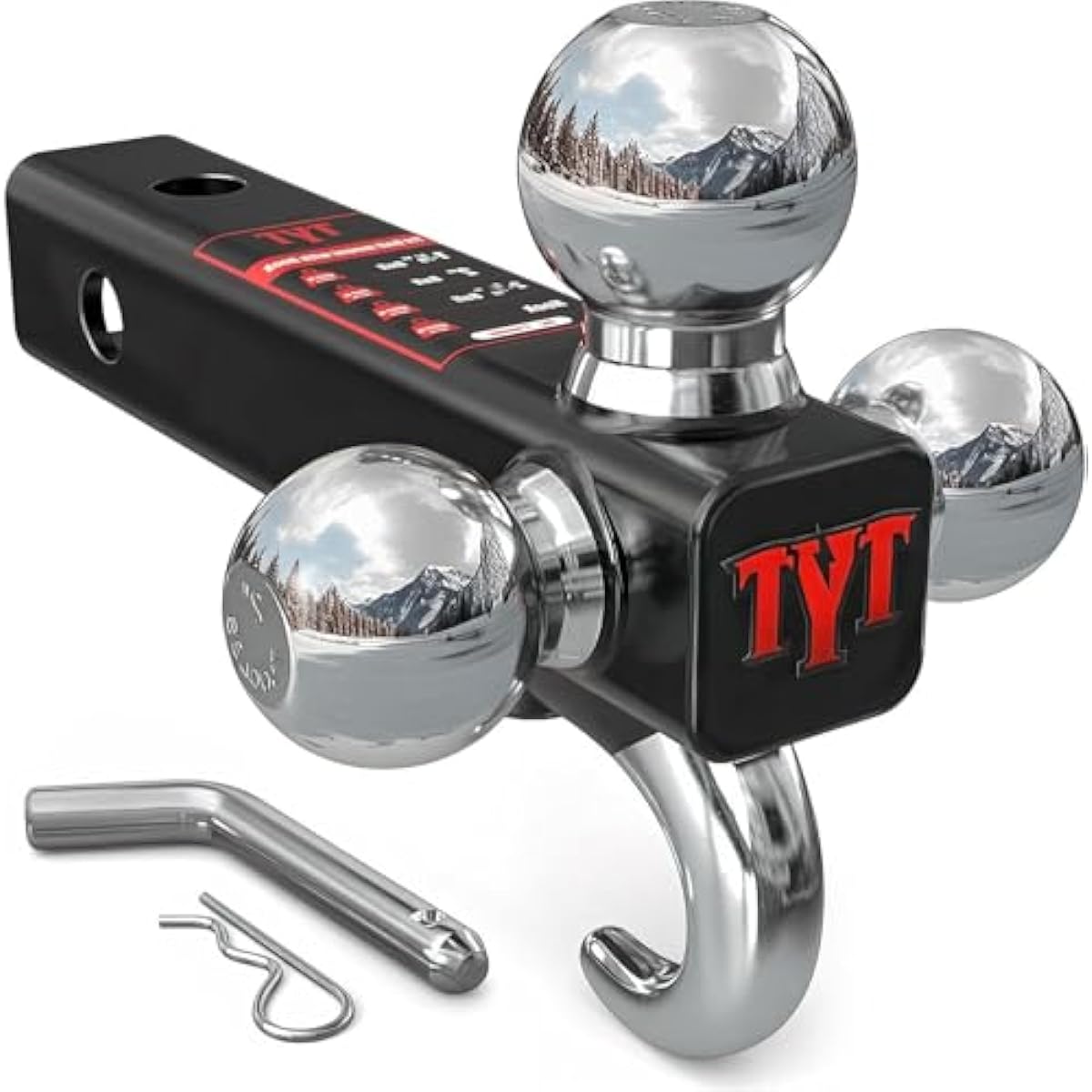 TYT Trailer Hitch Tri Ball Mount with Tow Hook,Fits 2 inch Receiver,1-7/8", 2", 2-5/16"Ball,10,000 lbs GTW,1,000 lbs TW,with Hitch pin