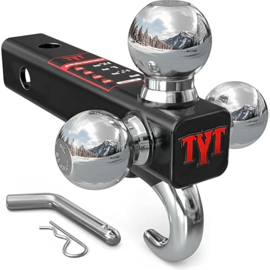 TYT Trailer Hitch Tri Ball Mount with Tow Hook,Fits 2 inch Receiver,1-7/8", 2", 2-5/16"Ball,10,000 lbs GTW,1,000 lbs TW,with Hitch pin