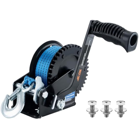 AC-DK 1600lbs Heavy Duty Boat Trailer Winch with 26FT Strap, 2-Way Ratchet & 4:1 Gear Trailer Winch, Portable Hand Crank Winch for Boat, Truck, Trailer, RV, ATV, Jet Ski