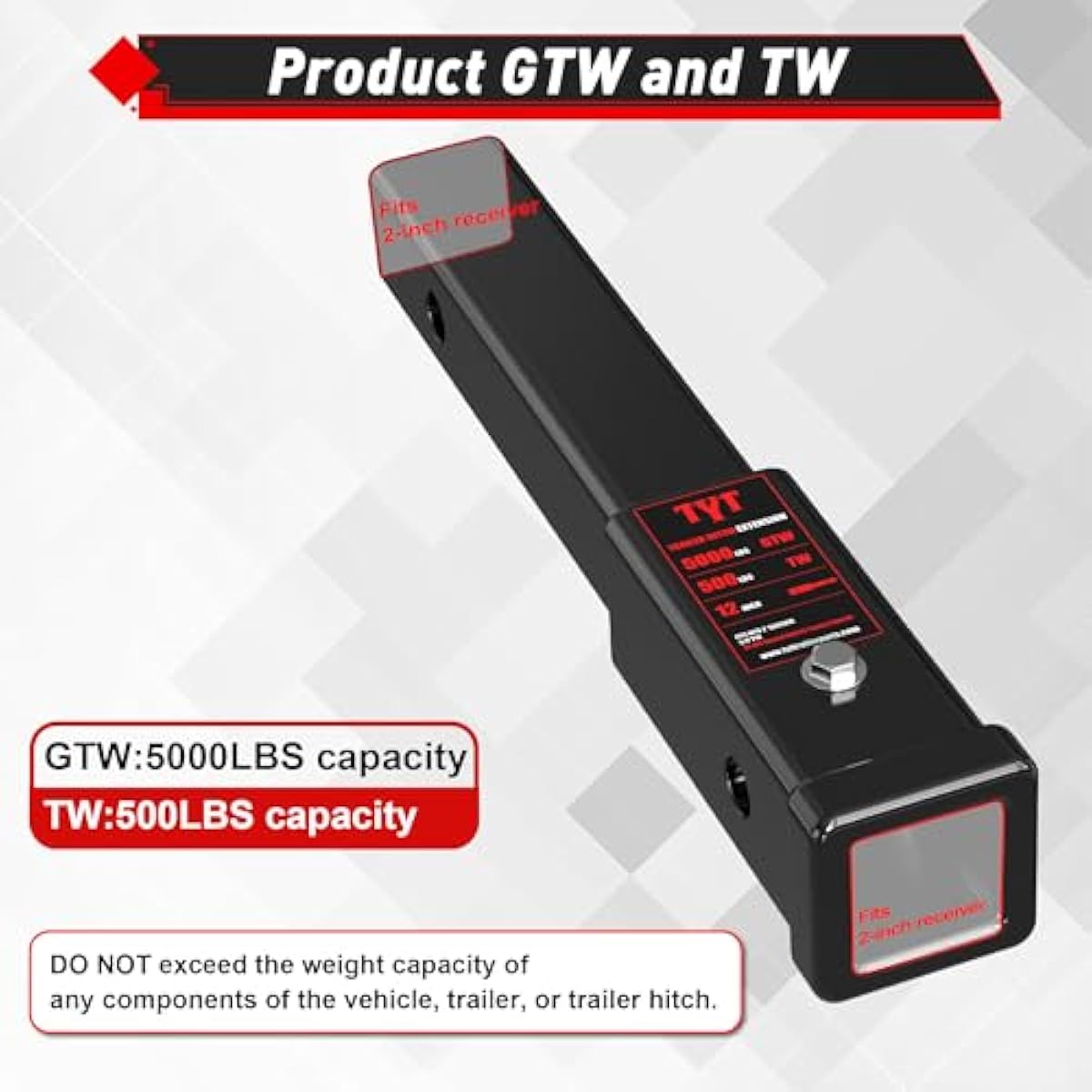 TYT 12" Trailer Hitch Extension for 2 inch Receiver Tube Extender，Includes 2 Sets of 5/8" Premium Hitch Pin, 5000 lbs GTW / 500 lbs TW