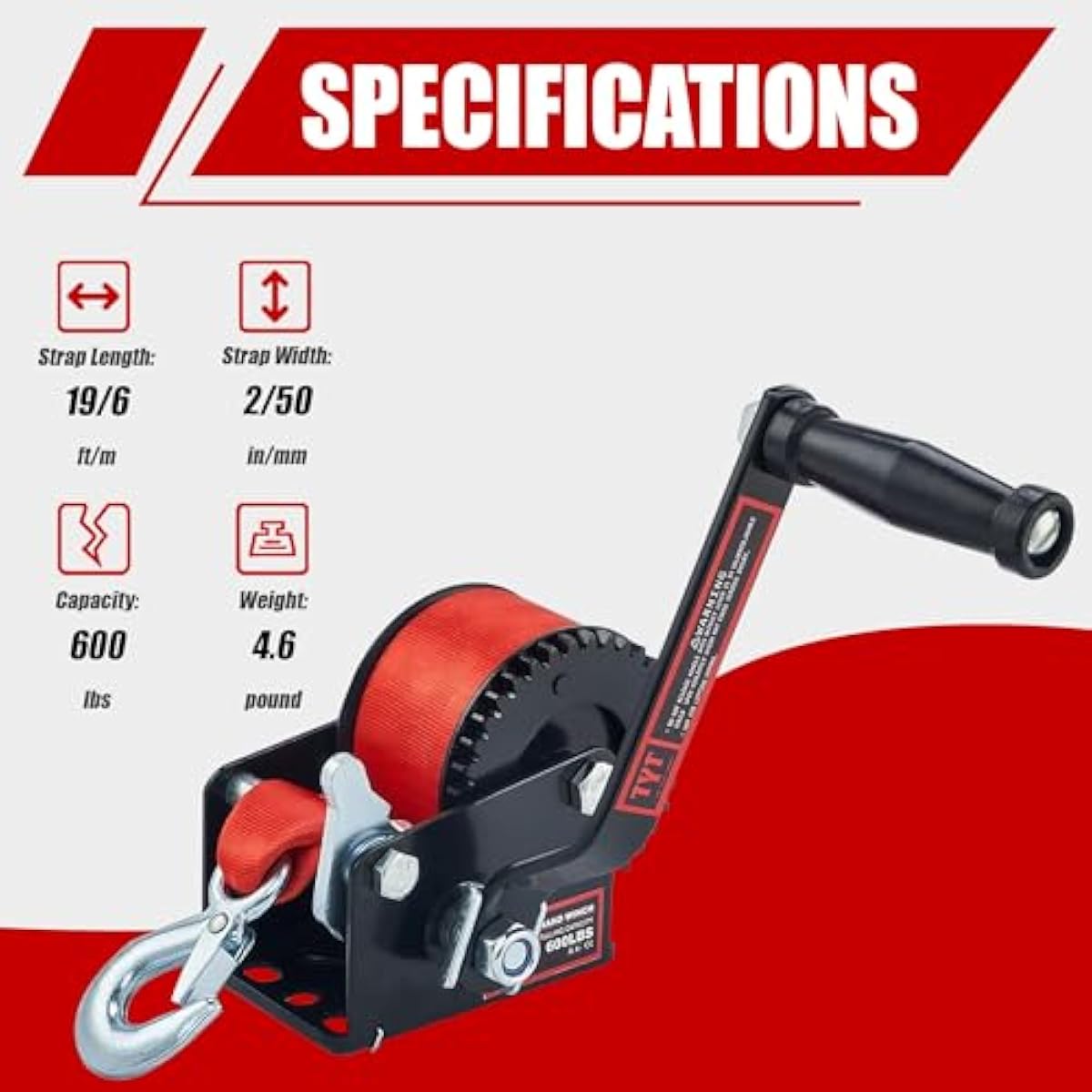 TYT 600LB Boat Trailer Winch with Red Nylon Strap, Anti-Slip Handle Crank Gear Hand Winch, Portable Two-Way Ratchet Forward & Backward Manual Rope Ratio 3.2:1 Winch for ATV Jet Ski Trailer Small Winch
