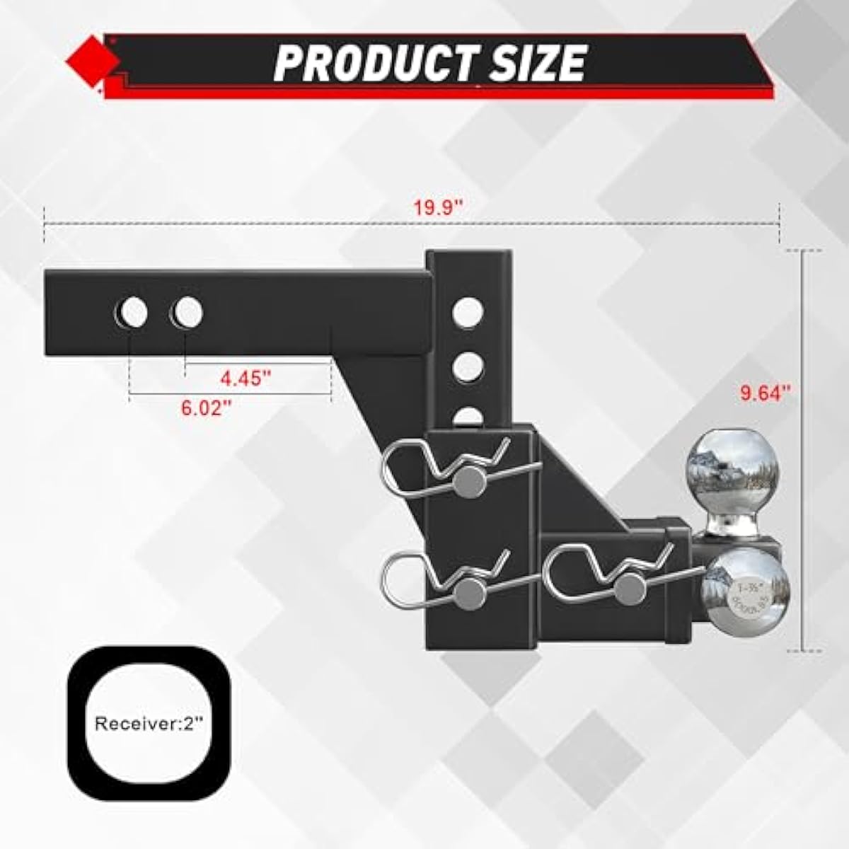 TYT Adjustable Tri-Ball Trailer Hitch for 2 inch Receiver, 5" Drop/Rise, Triple Balls (1-7/8", 2", 2-5/16"), 10,000 lbs GTW, 1,000 lbs TW, Includes Hitch Pin Lock & Tri Pins