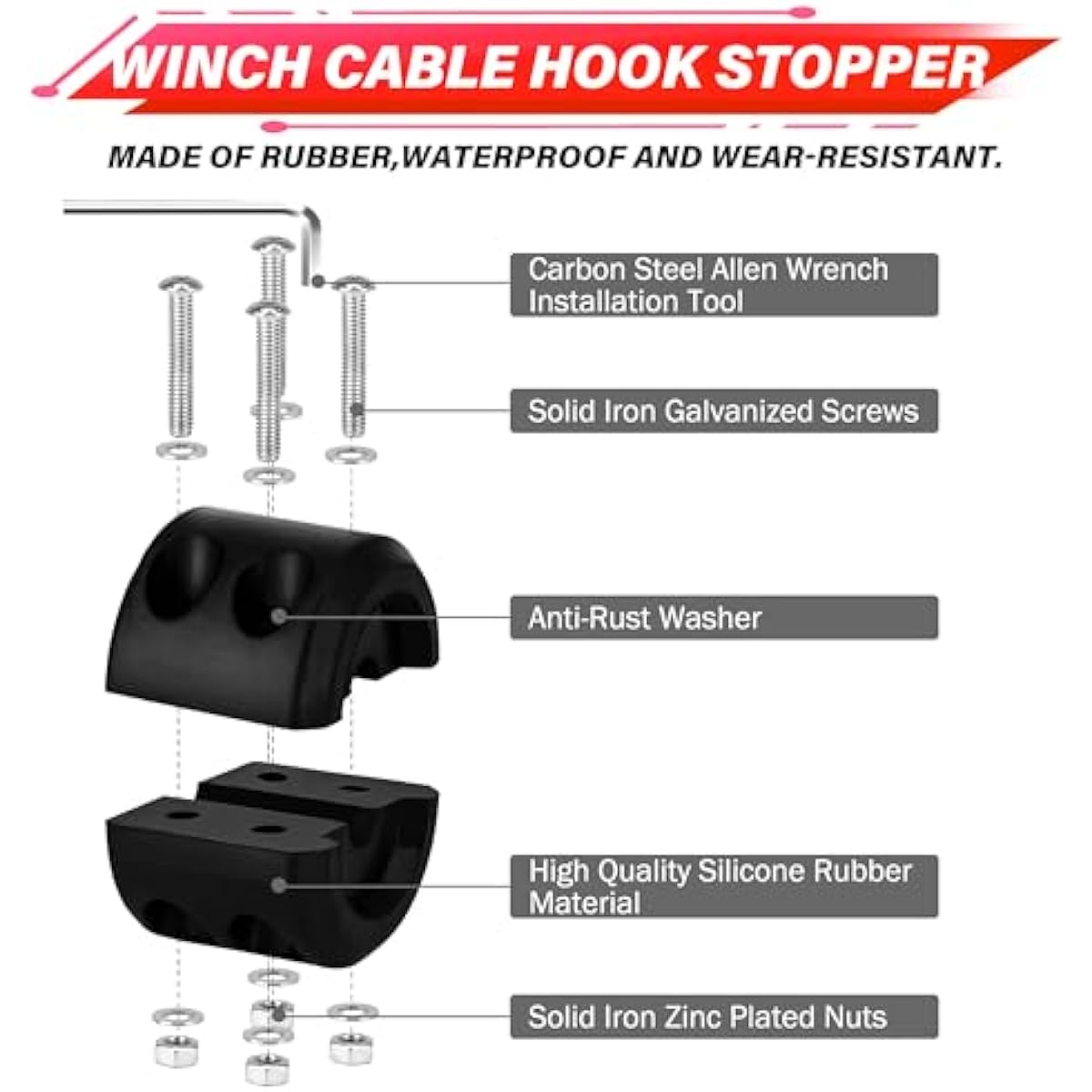 TYT Off-Road Winch Rope Kit - 1/4''x50', 10000 Lbs Black Synthetic Cable with Protective Sheath, Heavy-Duty Hook, Safety Pull Strap & Rubber Stopper Ideal for 4WD ATV UTV Vehicles, Grey, (JPS1450IG)
