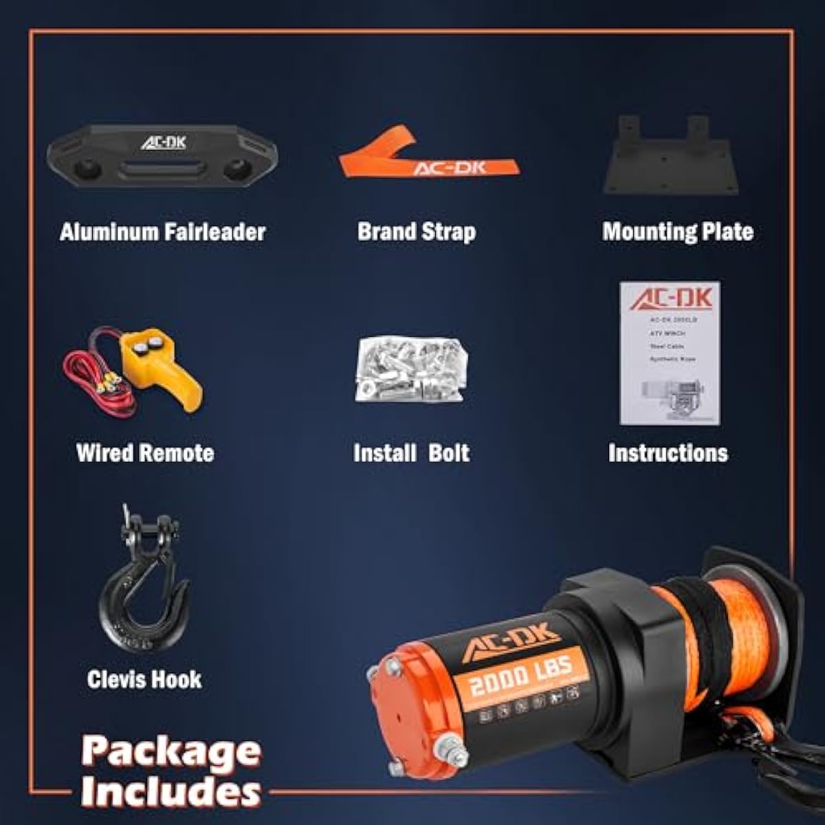 AC-DK 12V 2000lb|2500lb|3500lb|4500lb|5500lb. ATV/UTV Electric Winch, Off-Road Synthetic Rope Winch for Trailer Boat RV Towing Winches, ATV/UTV Winch with Big Yellow Wired Remote and Winch Mounting Plate