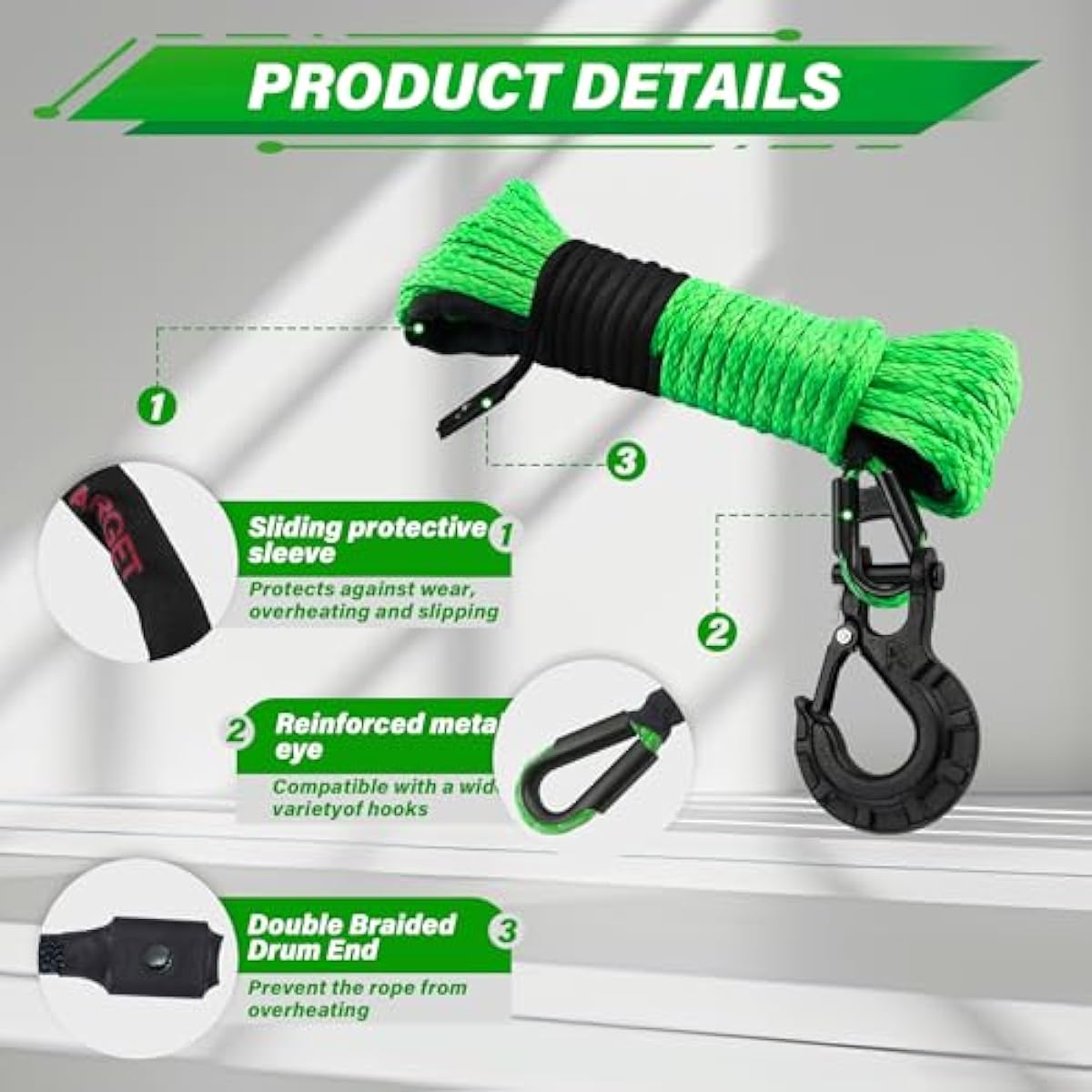 TYT Off-Road Winch Rope Kit ,Green Synthetic Cable with Protective Sheath, Heavy-Duty Hook, Safety Pull Strap & Rubber Stopper Ideal for 4WD ATV UTV Vehicles, (JPS31650G)