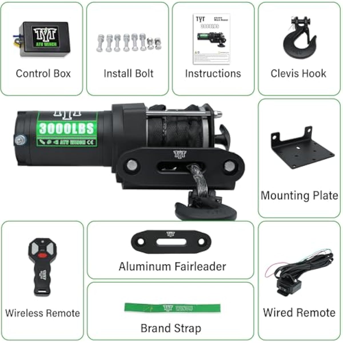 TYT (2500lb|3000lb|3500lb|6500lb) ATV Winch, 12V DC Electric Winch with Wireless Remote and Wired Switch, 1/5"x 32FT Synthetic Winch Rope with Fairlead and Winch Mounting Plate