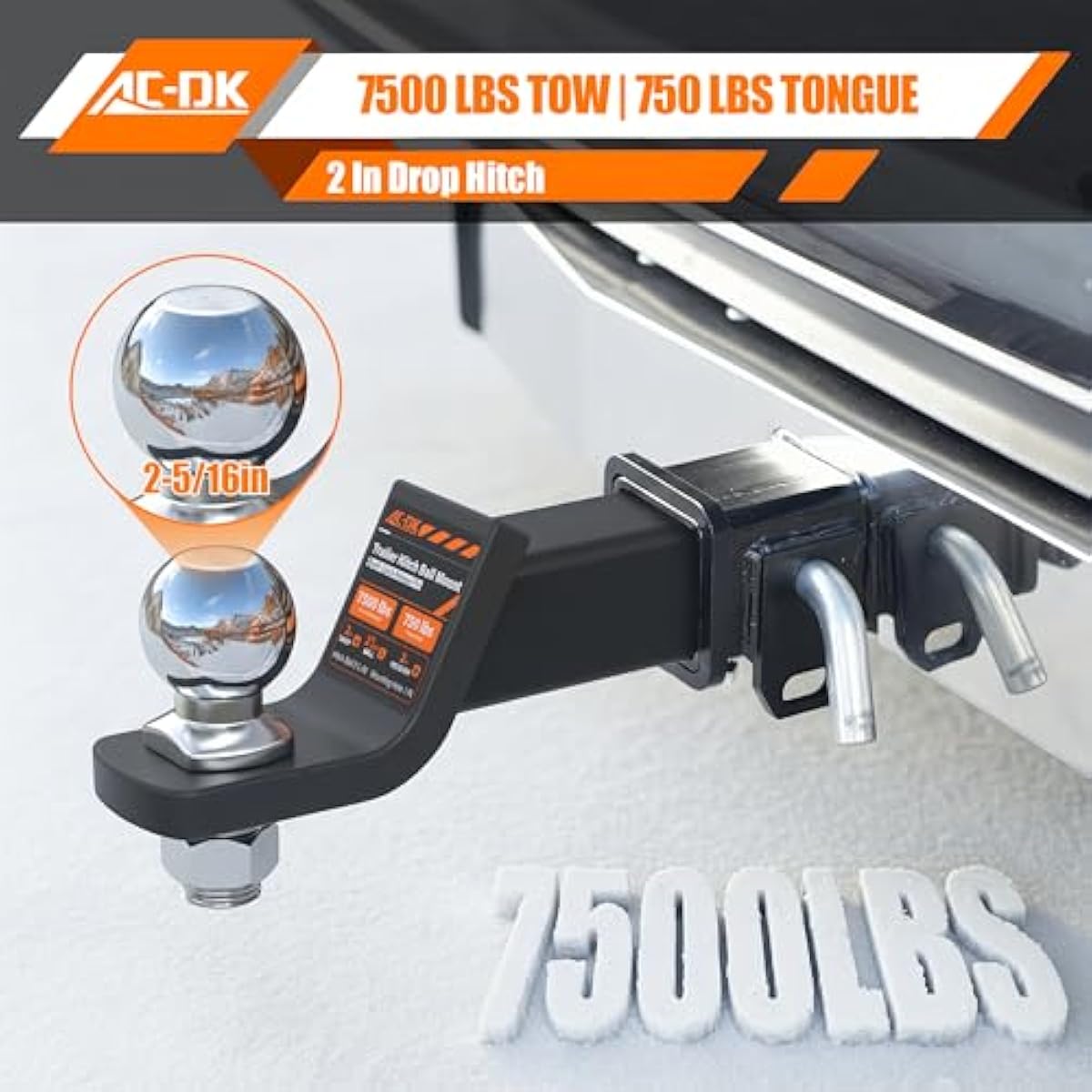 AC-DK Trailer Hitch Mount with 2-5/16-Inch Ball & Pin, Fits 2-Inch Receiver,2 inch Drop Hitch,7,500 lbs Capacity Ball Hitch, 750lbs TW